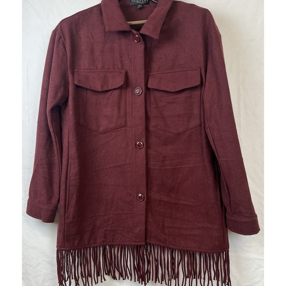 Laundry by Shelli Segal L Fringe Boho Shirt Shacket Jacket Womans Red Burgundy - Picture 1 of 10